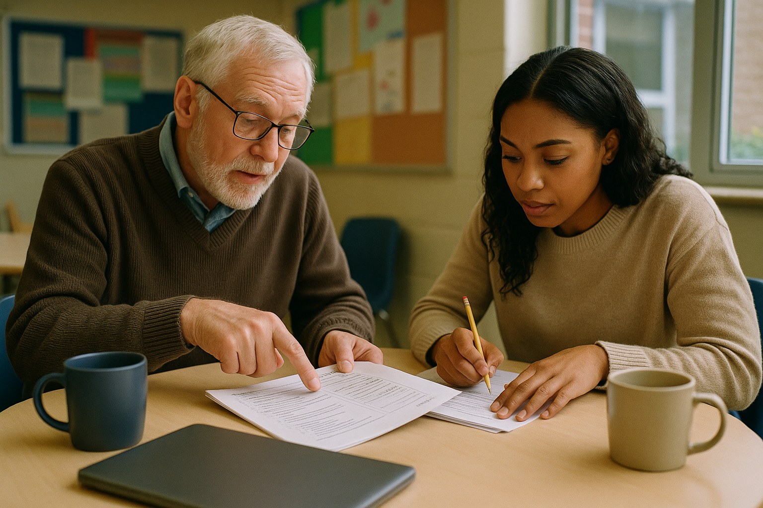 Two teachers from different schools working from the same printed unit.