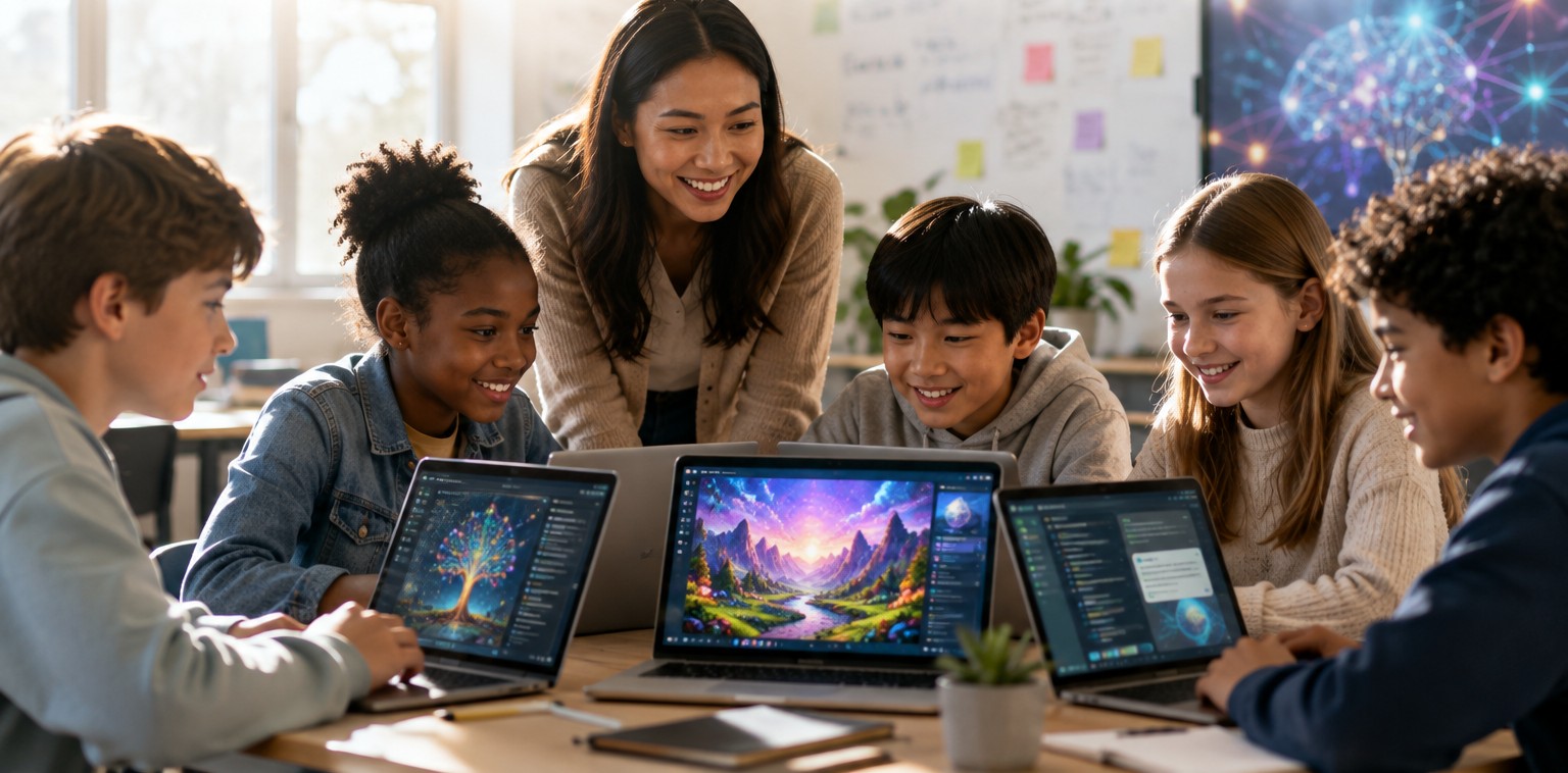 A teacher leans over a classroom table where five students of about
                    eleven to thirteen are working at open laptops, all of them looking at
                    one screen together and smiling.