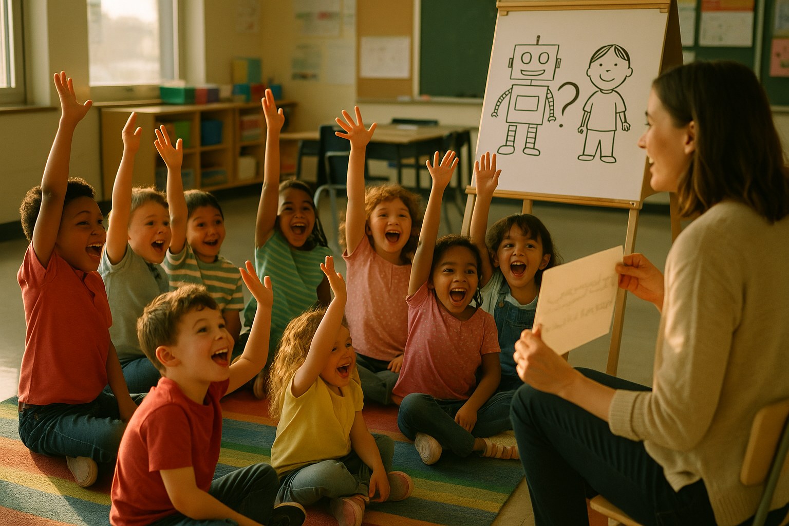 Kindergarteners on a carpet, hands raised, playing the sentence-completion game with their teacher. No screens present.