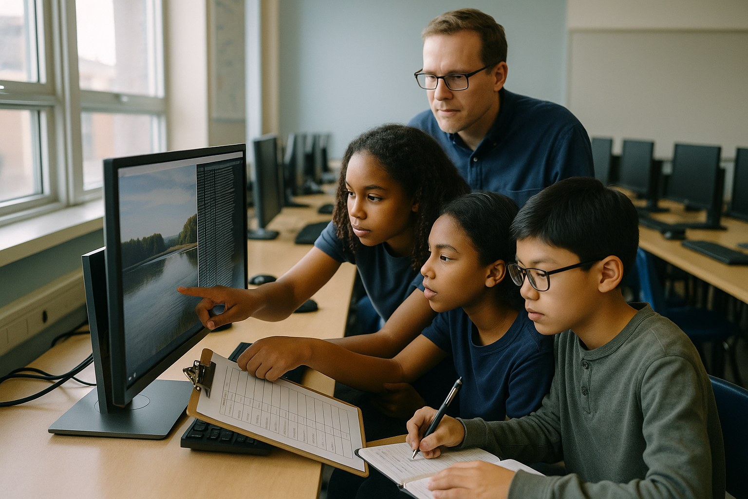 Three middle-school students examining a photograph beside its technical metadata on a shared monitor, working through a printed forensic checklist.