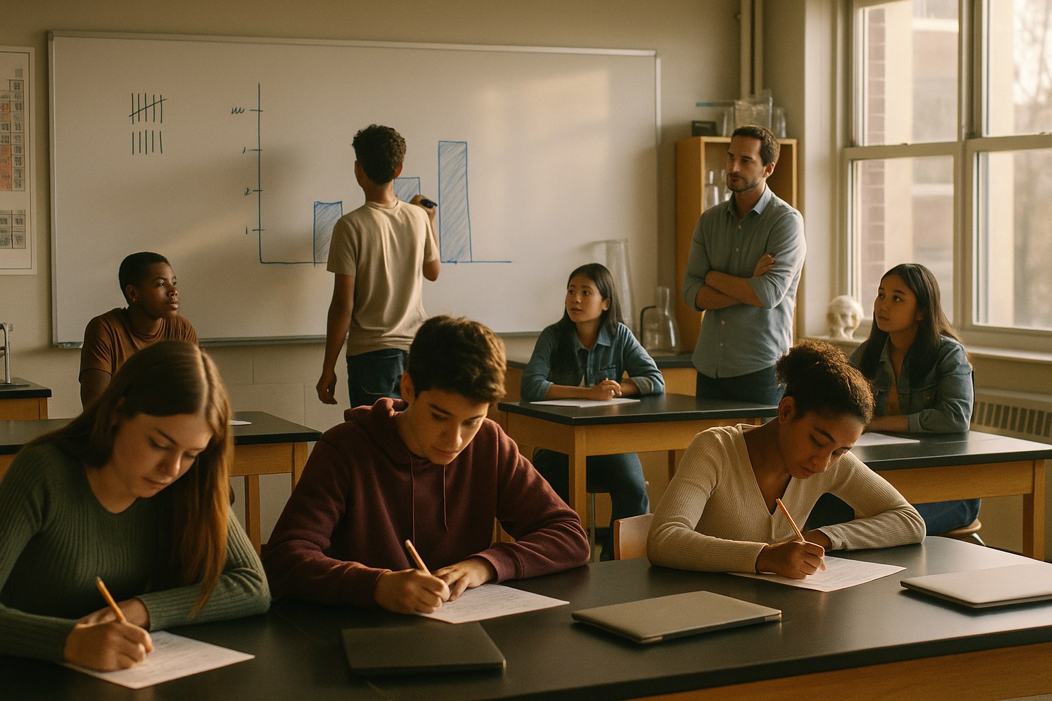 High-school students writing from memory with laptops closed while a classmate charts the class's recall results on a whiteboard.