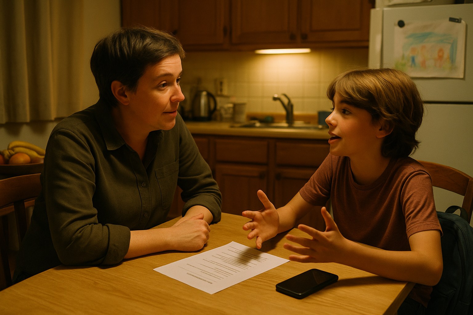 A parent and an eleven-year-old in conversation at a kitchen table over a one-page printed guide, phone face-down beside it.