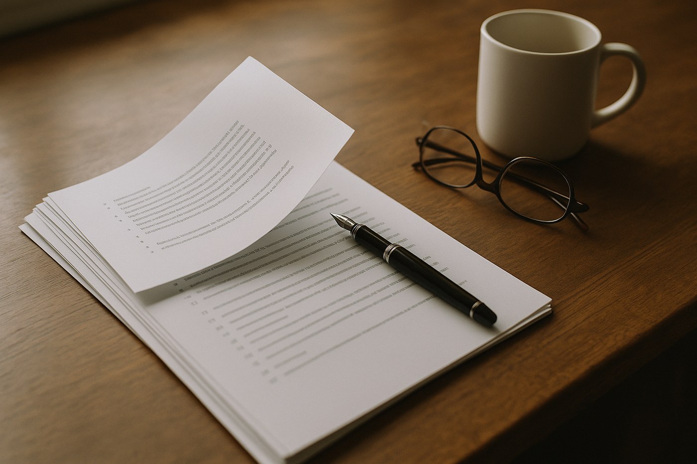 An overhead view of a wooden desk: a printed multi-page document with numbered clauses, a fountain pen laid across it, folded reading glasses and a plain mug.