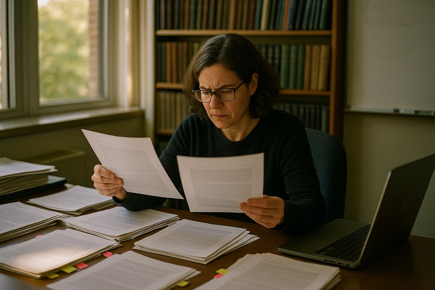 A researcher at a desk stacked with printed academic papers marked up in pen and flagged with coloured tabs, holding one up to compare against another.