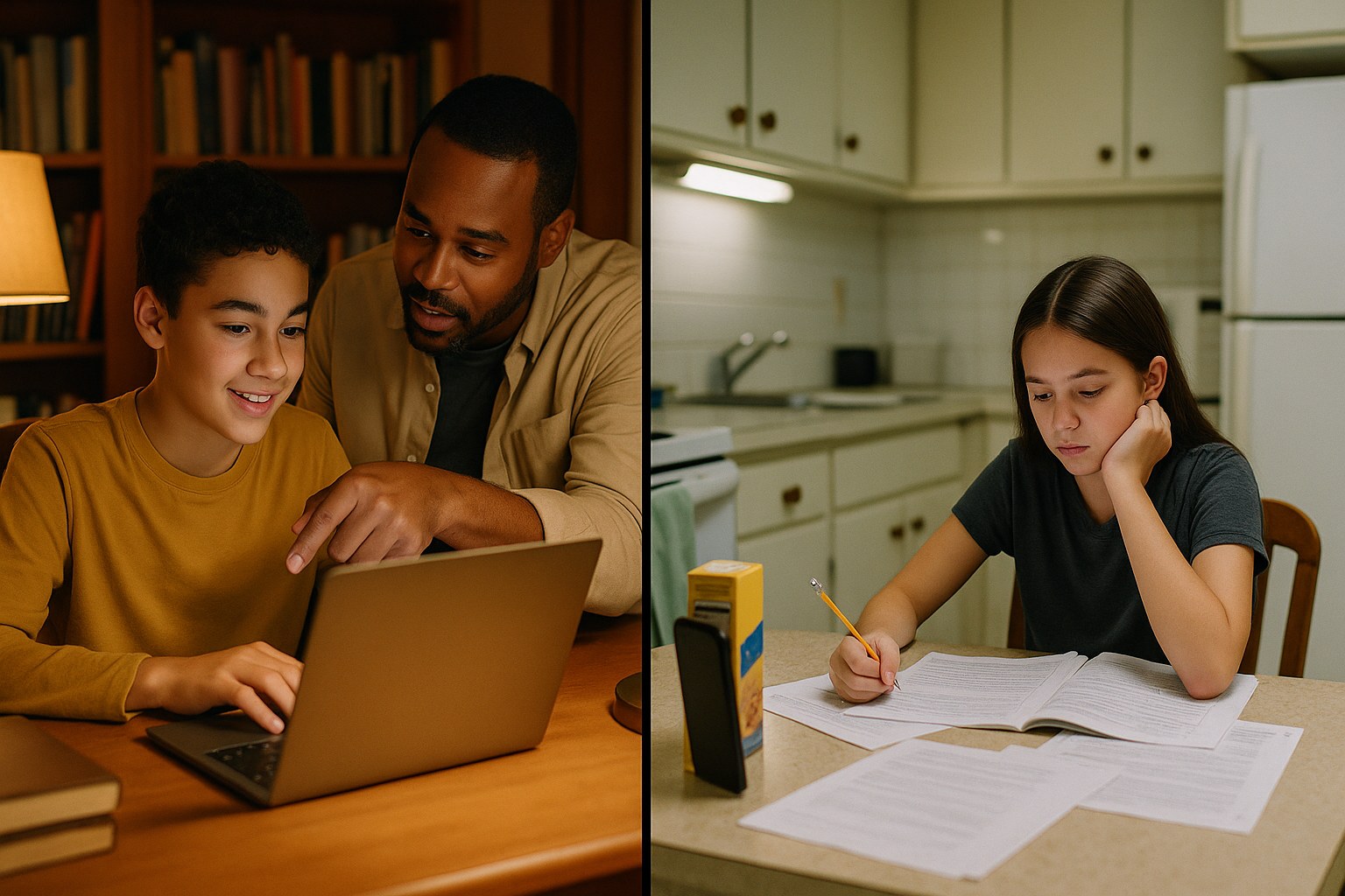 A diptych: a boy studying with a parent and a laptop in a well-resourced home study; a girl doing homework alone at a kitchen table with only a phone.